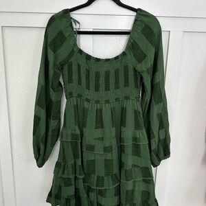 Deep Green Textured Long Sleeve Dress